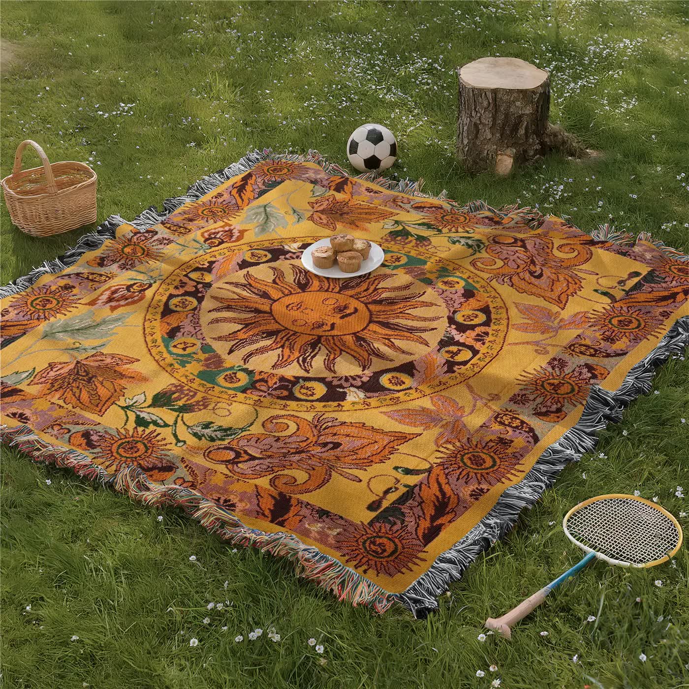 Woven Sun Pattern Fringed Throw Blanket in Gold