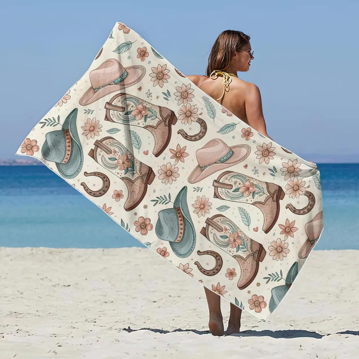 Cream Beach Towel with Boots and Hats Print