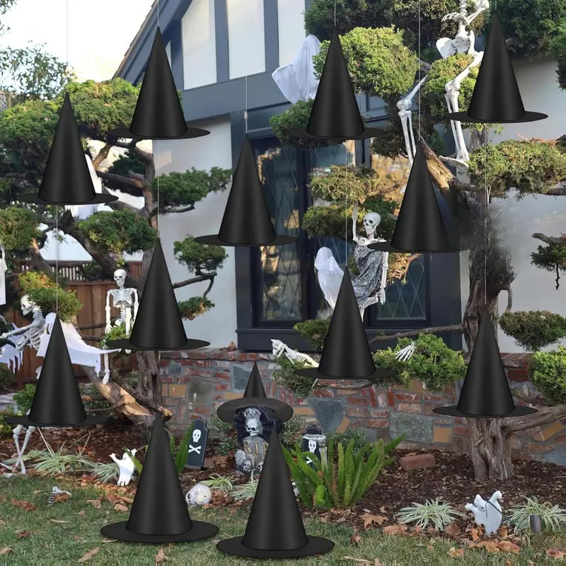 Black Pointed Witch Hat Hanging Decorations Set - photo 3