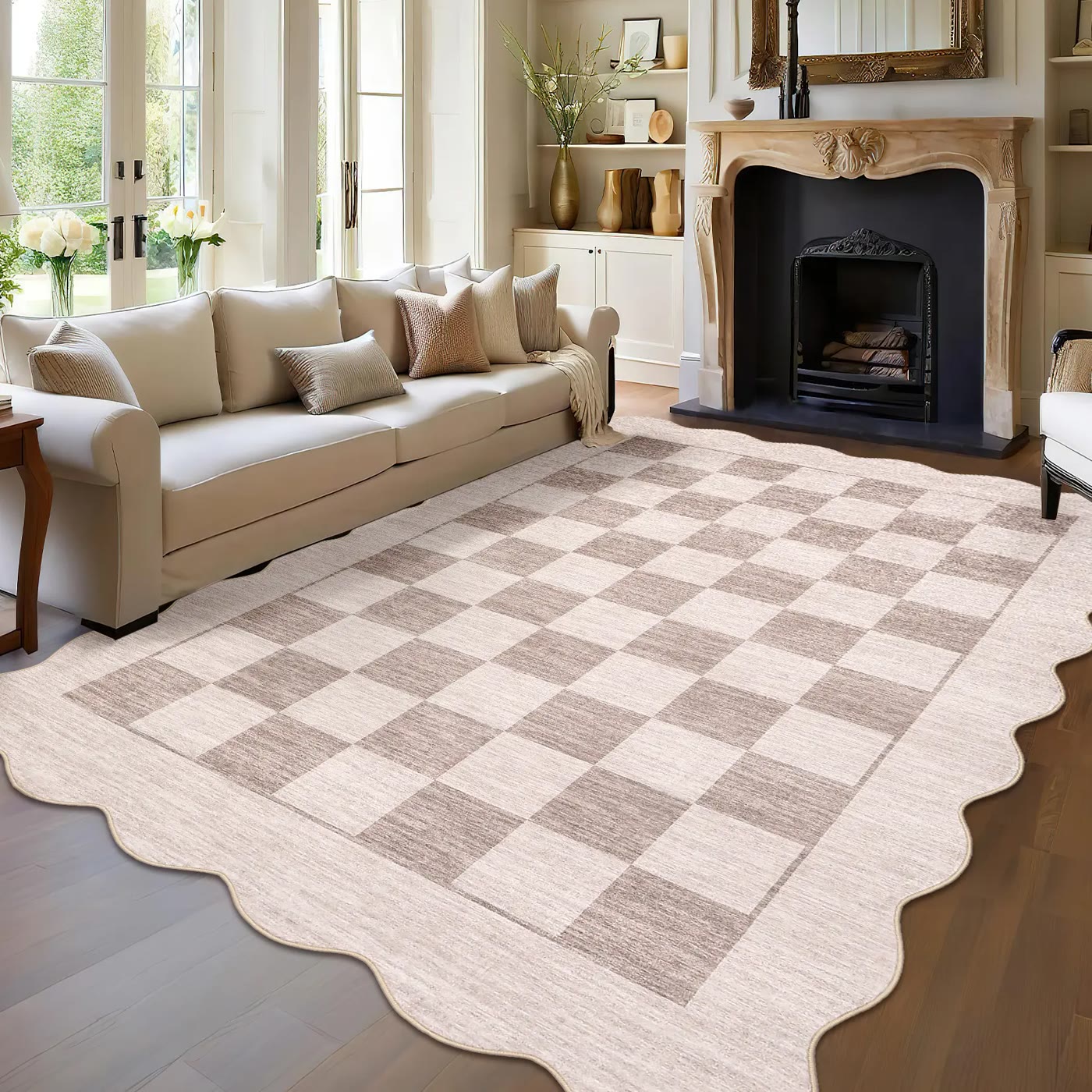 Beige Checkerboard Area Rug with Wavy Edge