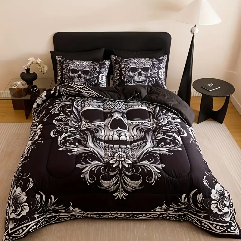 Black and White Skull Print Quilt Bedding Set