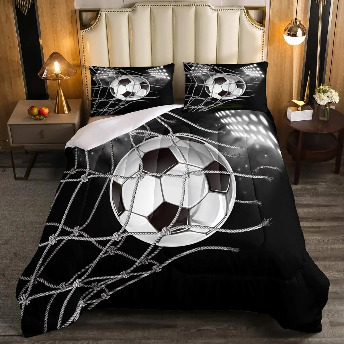Black Bedding Set with Soccer Ball and Net Print