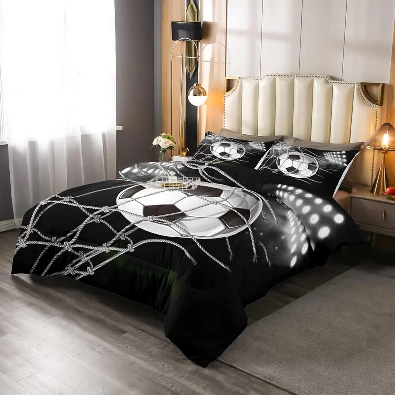 Black Bedding Set with Soccer Ball and Net Print - photo 2