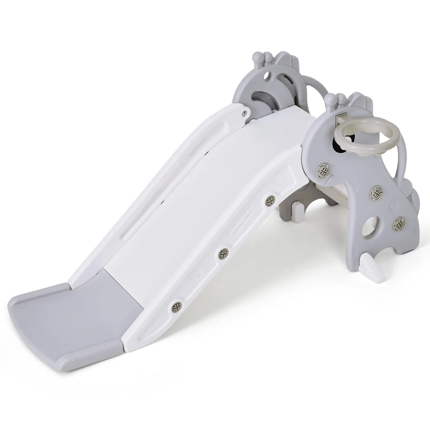 Grey and White Plastic Toddler Slide With Hoop