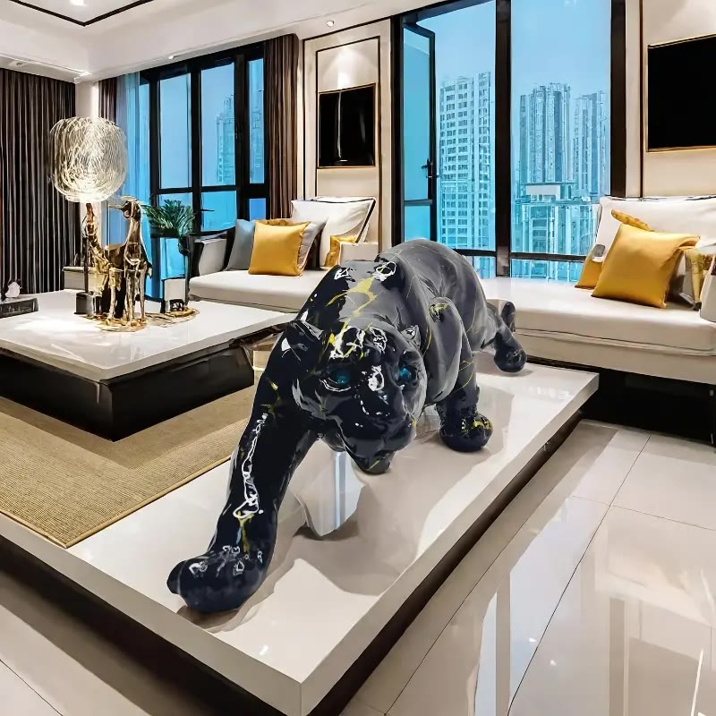 Black Resin Panther Statue With Gold Veining - photo 2