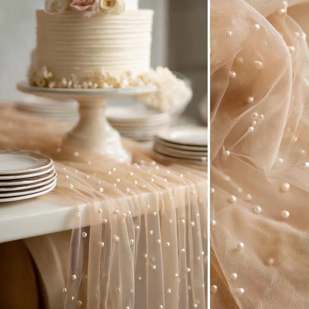 Champagne Tulle Table Runner with Pearl Beads - photo 2