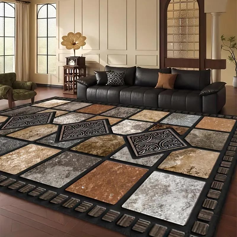 Patchwork Tile Print Area Rug, Black Border - photo 2