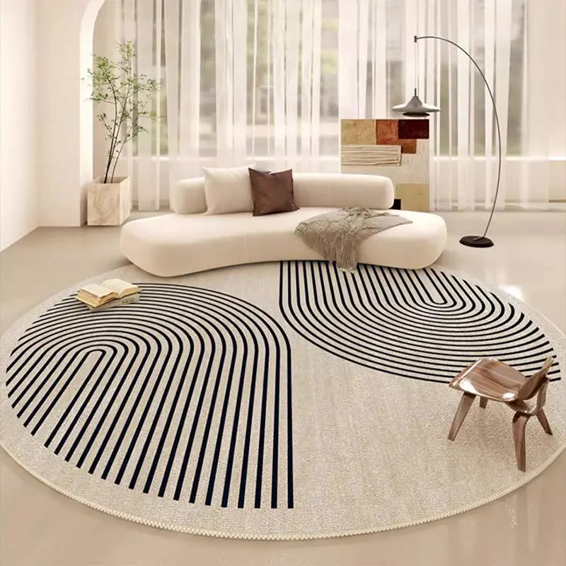 Round Cream Area Rug with Black Arch Lines