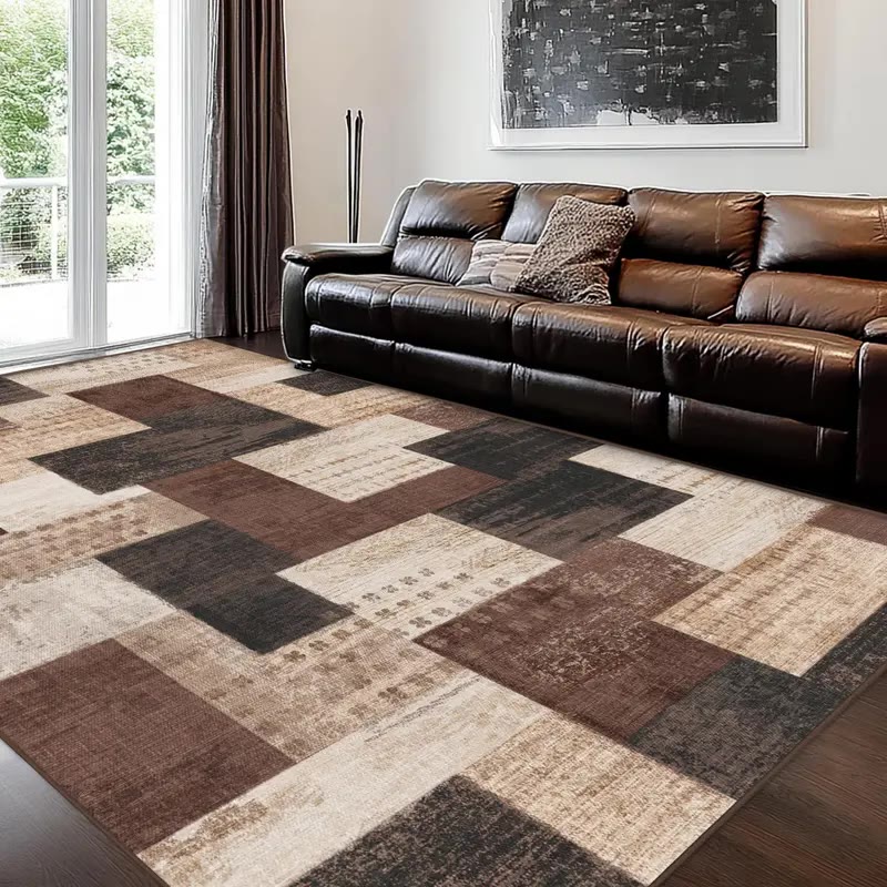 Brown and Beige Patchwork Pattern Area Rug - photo 4