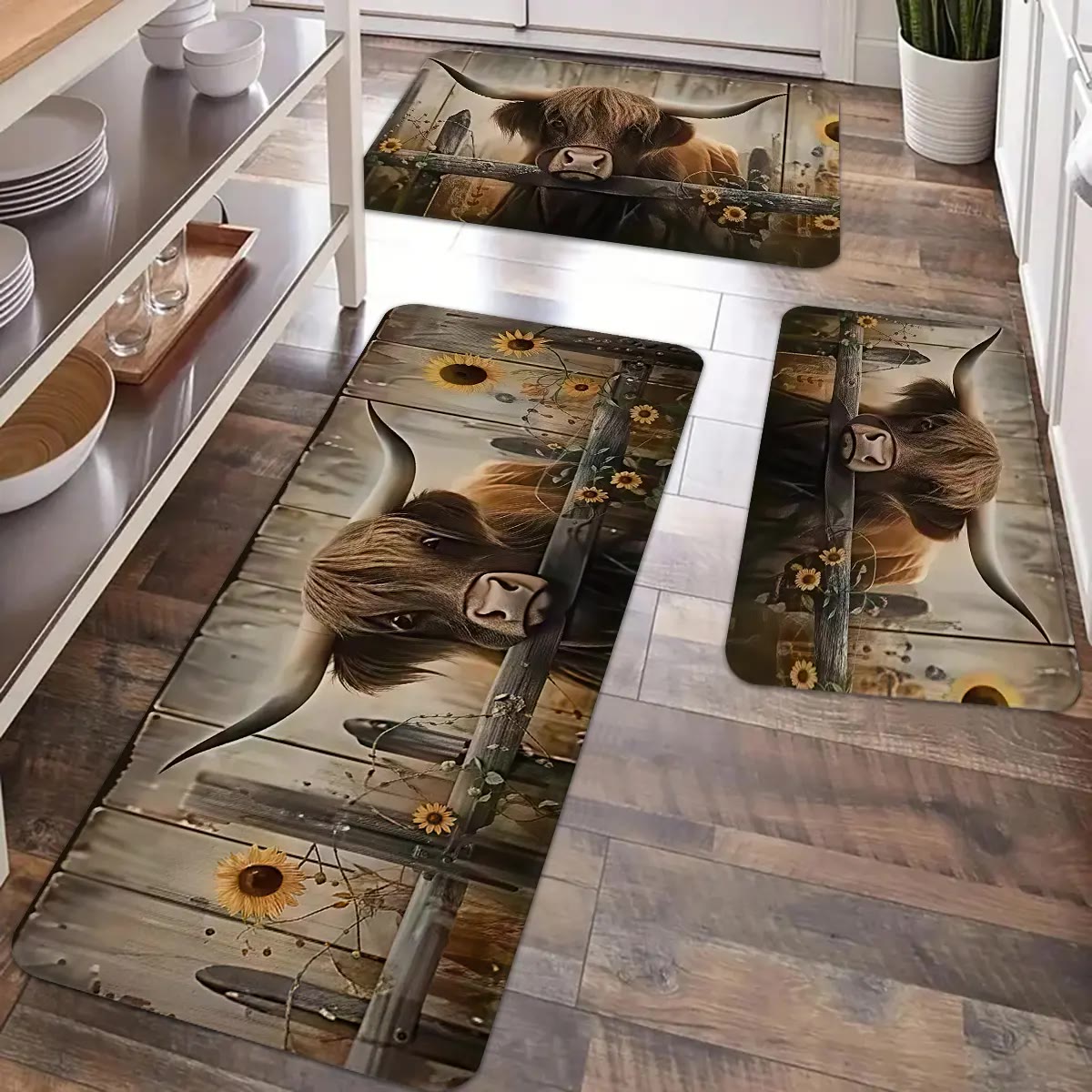 Highland Cattle Print Kitchen Floor Mat Set