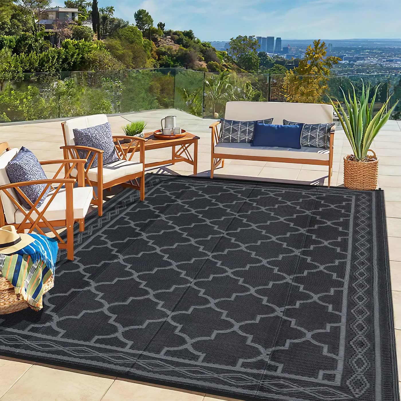 Black and Grey Geometric Outdoor Area Rug