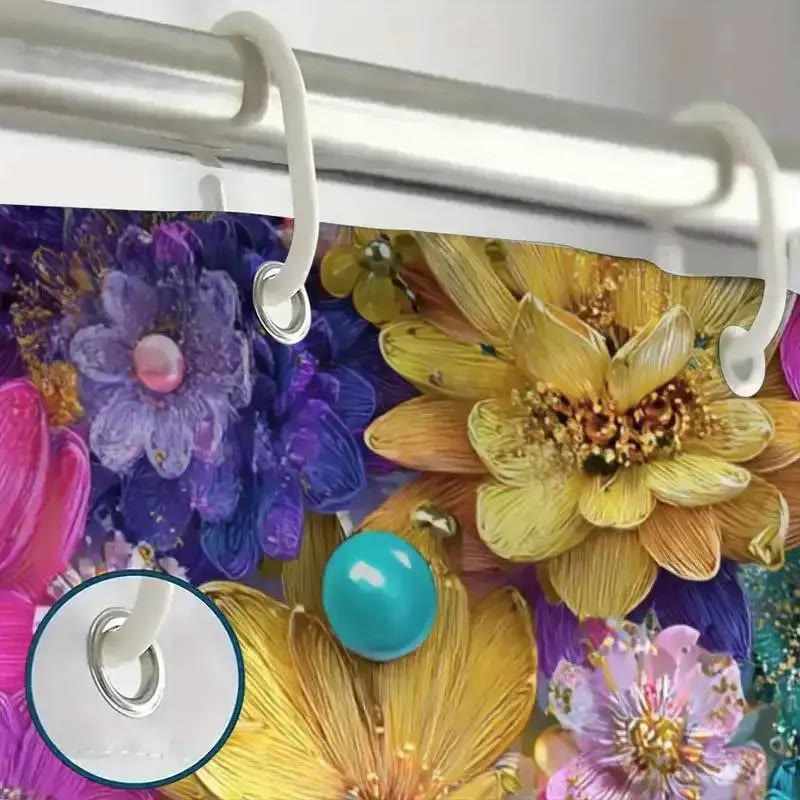 Colourful Floral Fabric Shower Curtain with Hooks - photo 4