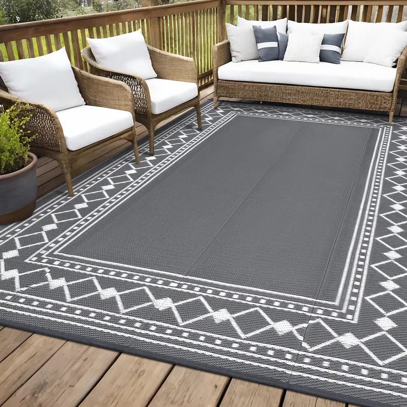 Grey Woven Outdoor Rug with White Diamond Border - photo 2