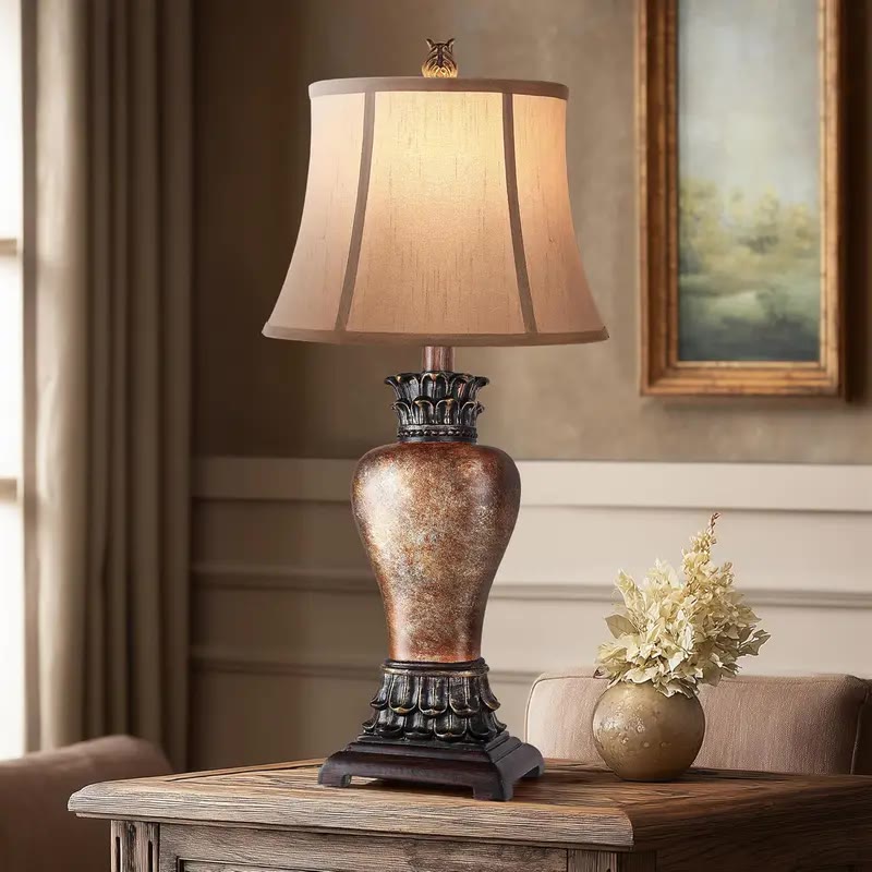 Pair of Bronze-Tone Table Lamps with Bell Shades - photo 3