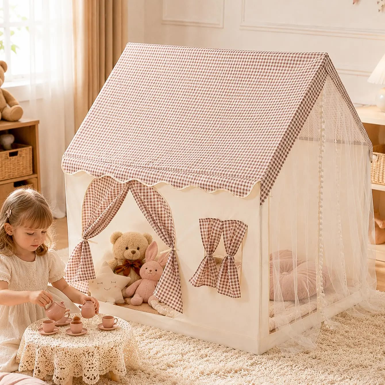 Cream Play Tent With Plaid House Roof