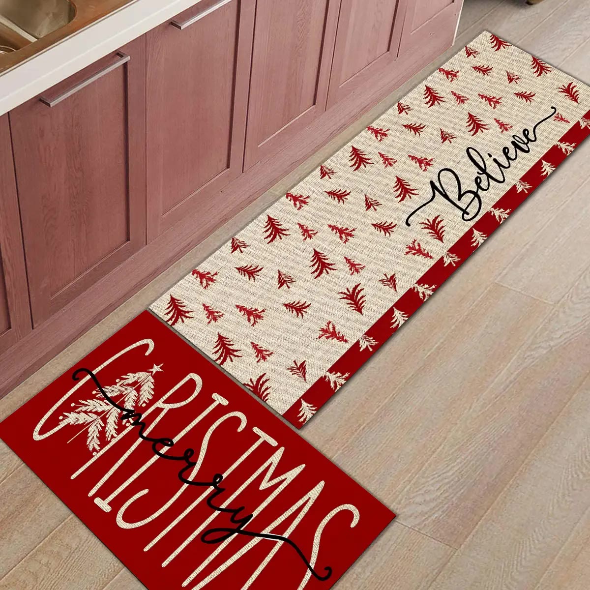 Red and Beige Tree Print Kitchen Floor Mats - photo 2