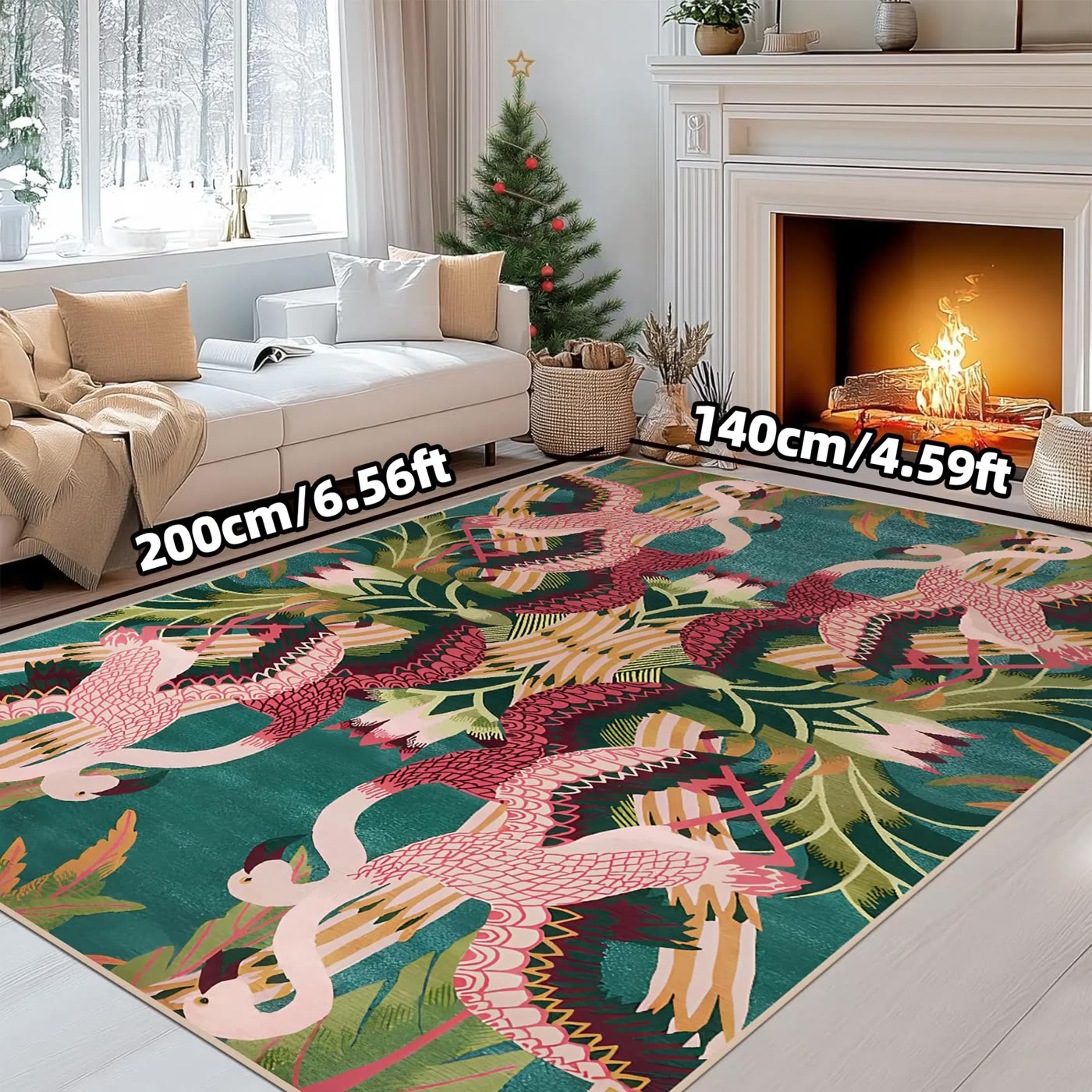 Teal Area Rug with Pink Flamingo and Leaf Pattern - photo 3