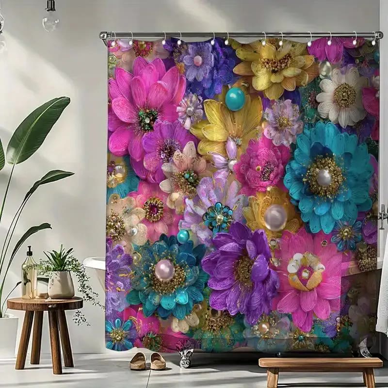 Colourful Floral Fabric Shower Curtain with Hooks - photo 3