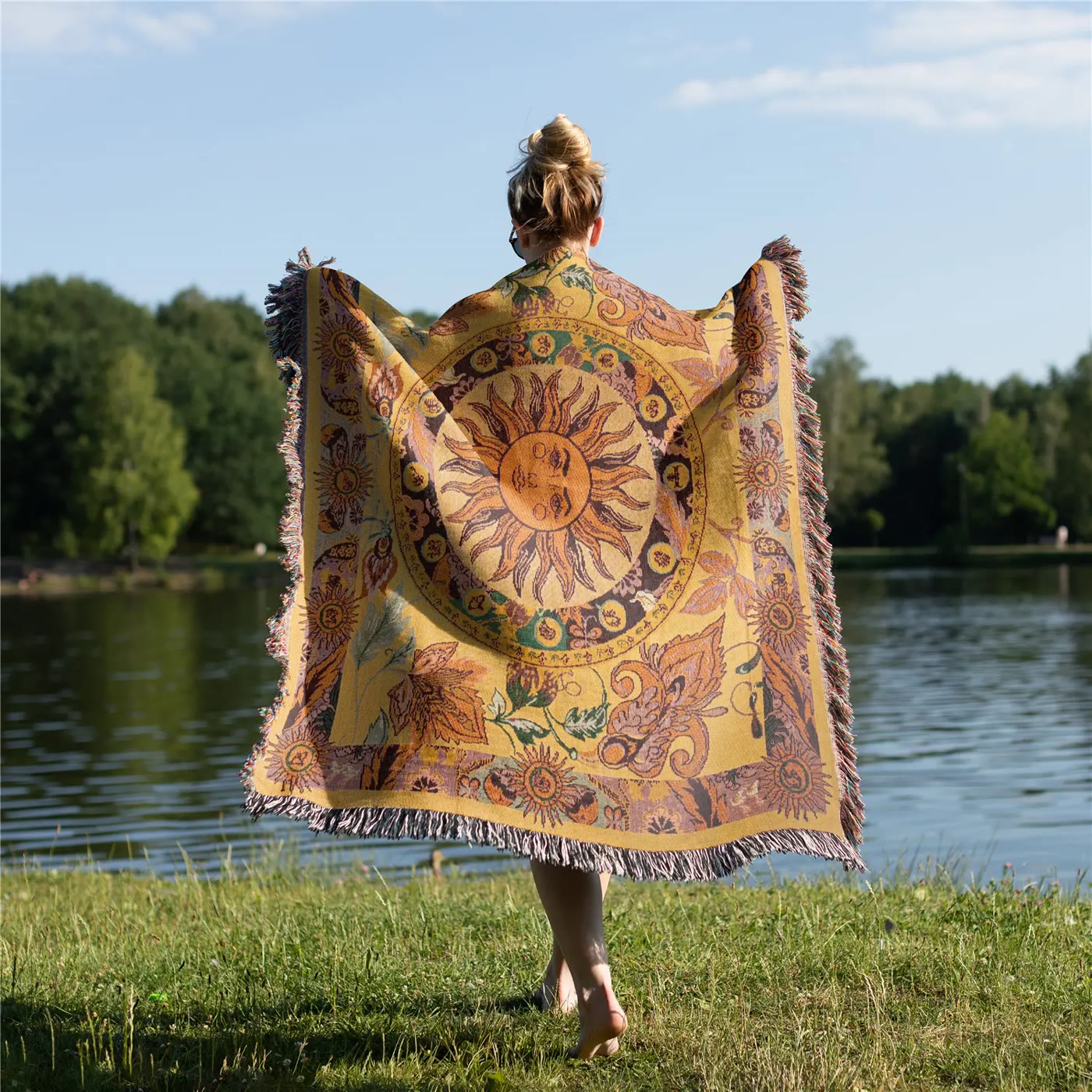 Woven Sun Pattern Fringed Throw Blanket in Gold - photo 4
