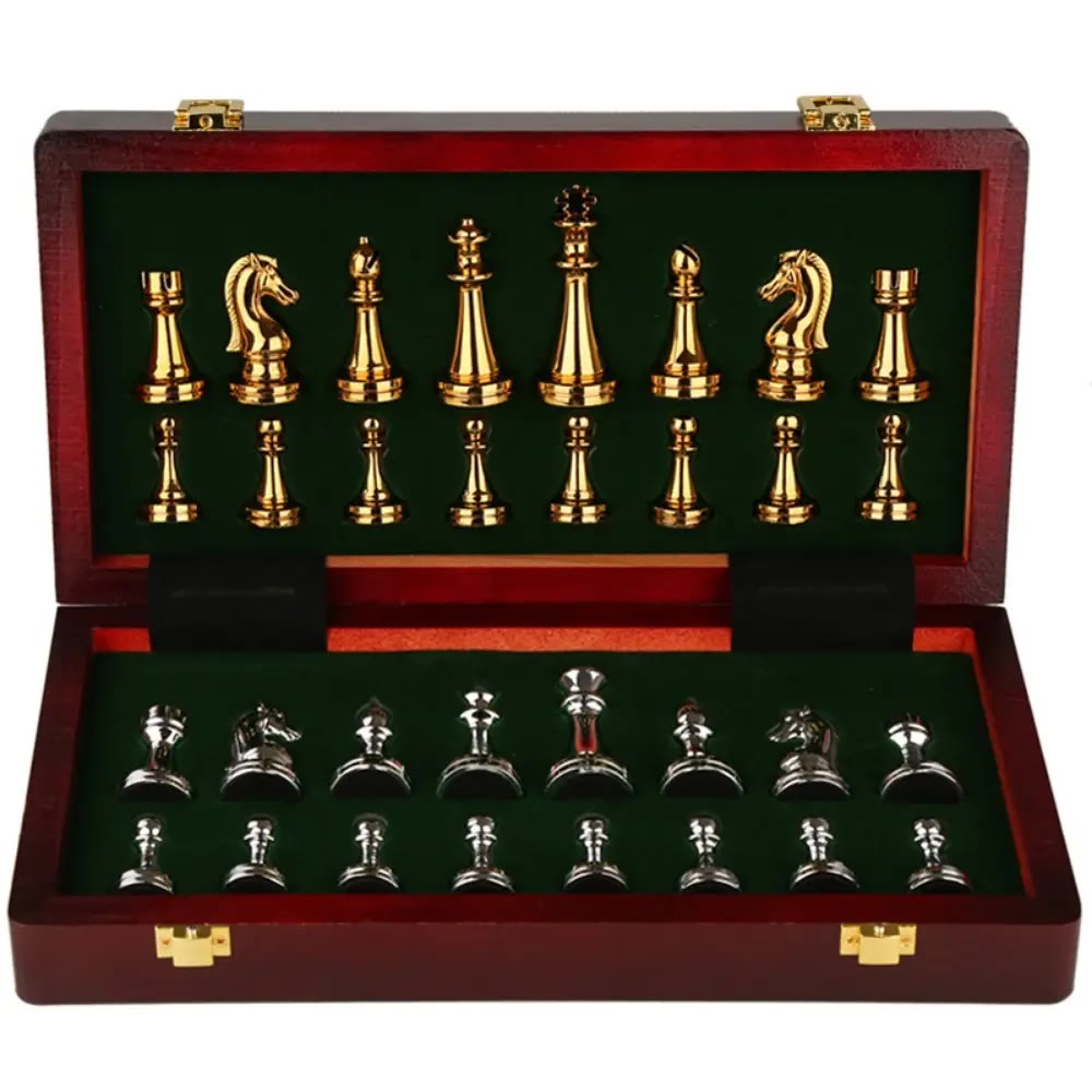 Folding Wooden Chess Set with Metal Pieces