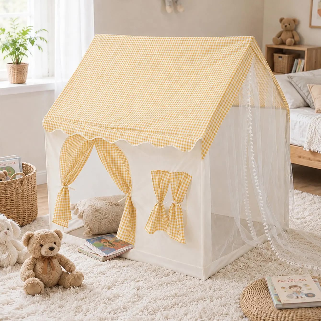 Cream Play Tent With Plaid House Roof - photo 4