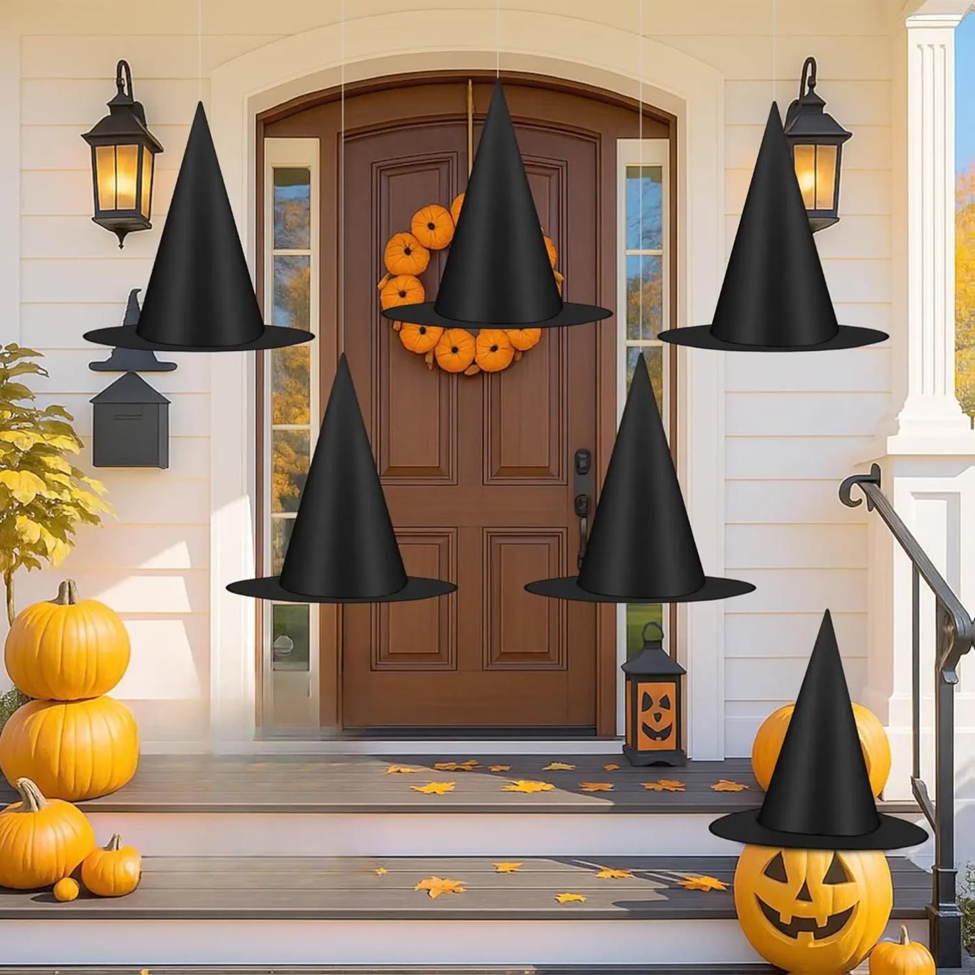 Black Pointed Witch Hat Hanging Decorations Set