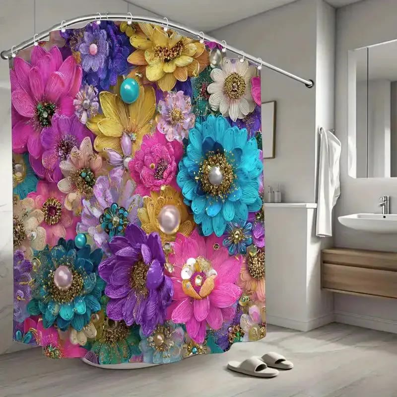 Colourful Floral Fabric Shower Curtain with Hooks - photo 2