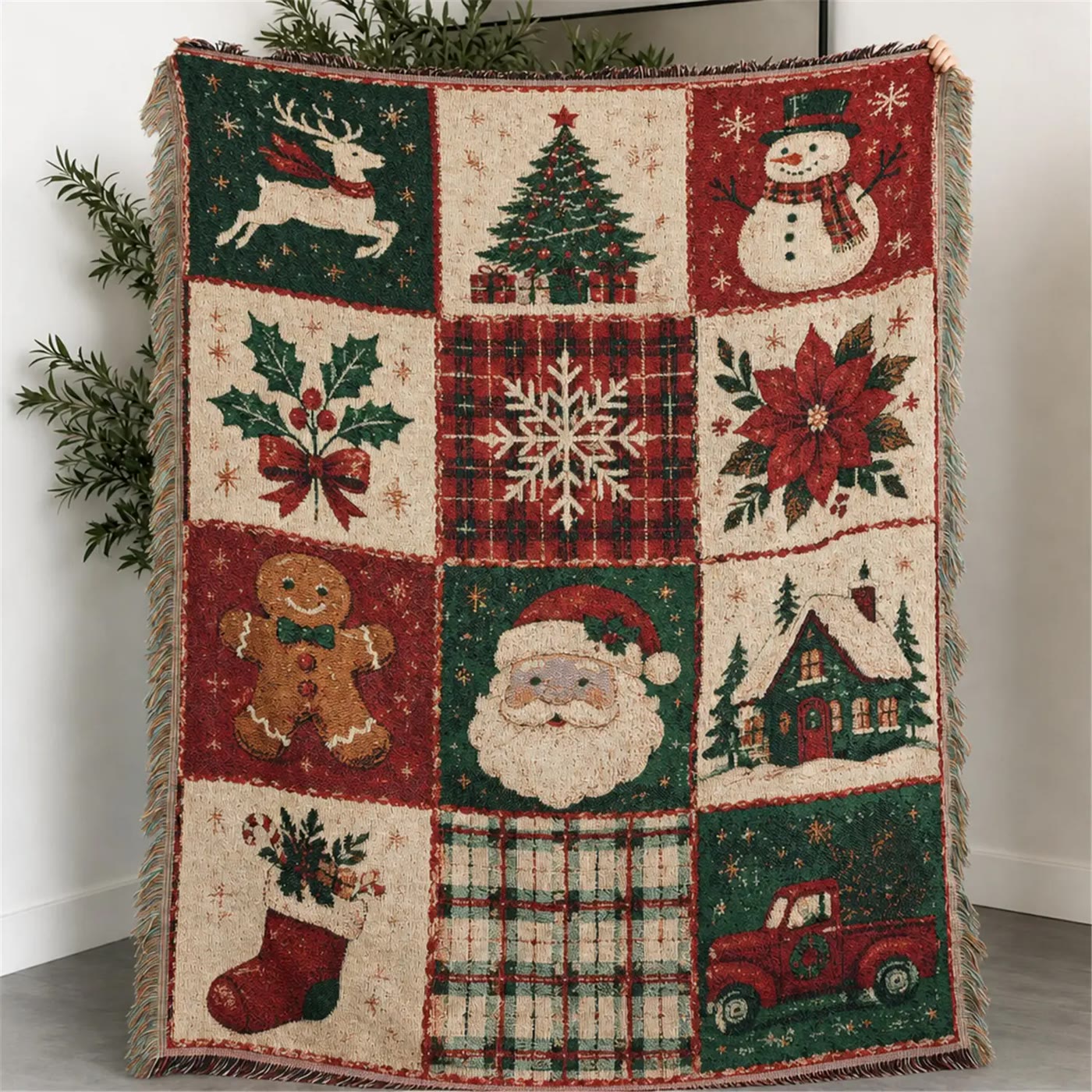Woven Throw Blanket with Holiday Patchwork Squares - photo 3