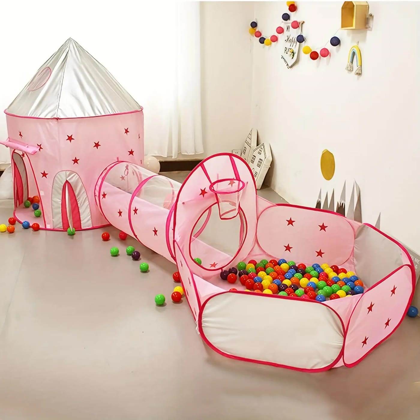 Pink Pop-Up Play Tent With Tunnel and Ball Pit