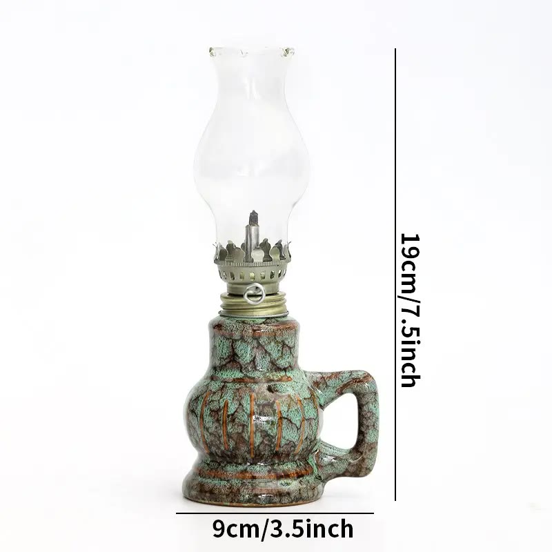 Green Glazed Ceramic Oil Lamp with Glass Chimney - photo 2