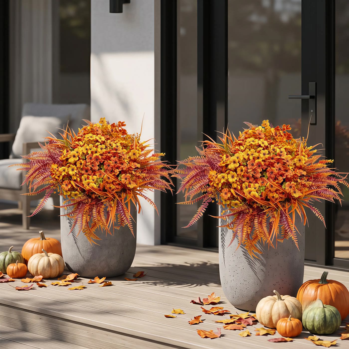 Orange and Yellow Faux Flower Bunches with Ferns