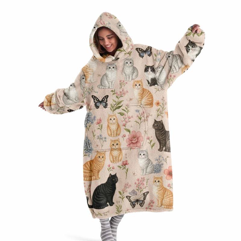 Cat Print Wearable Hooded Fleece Blanket