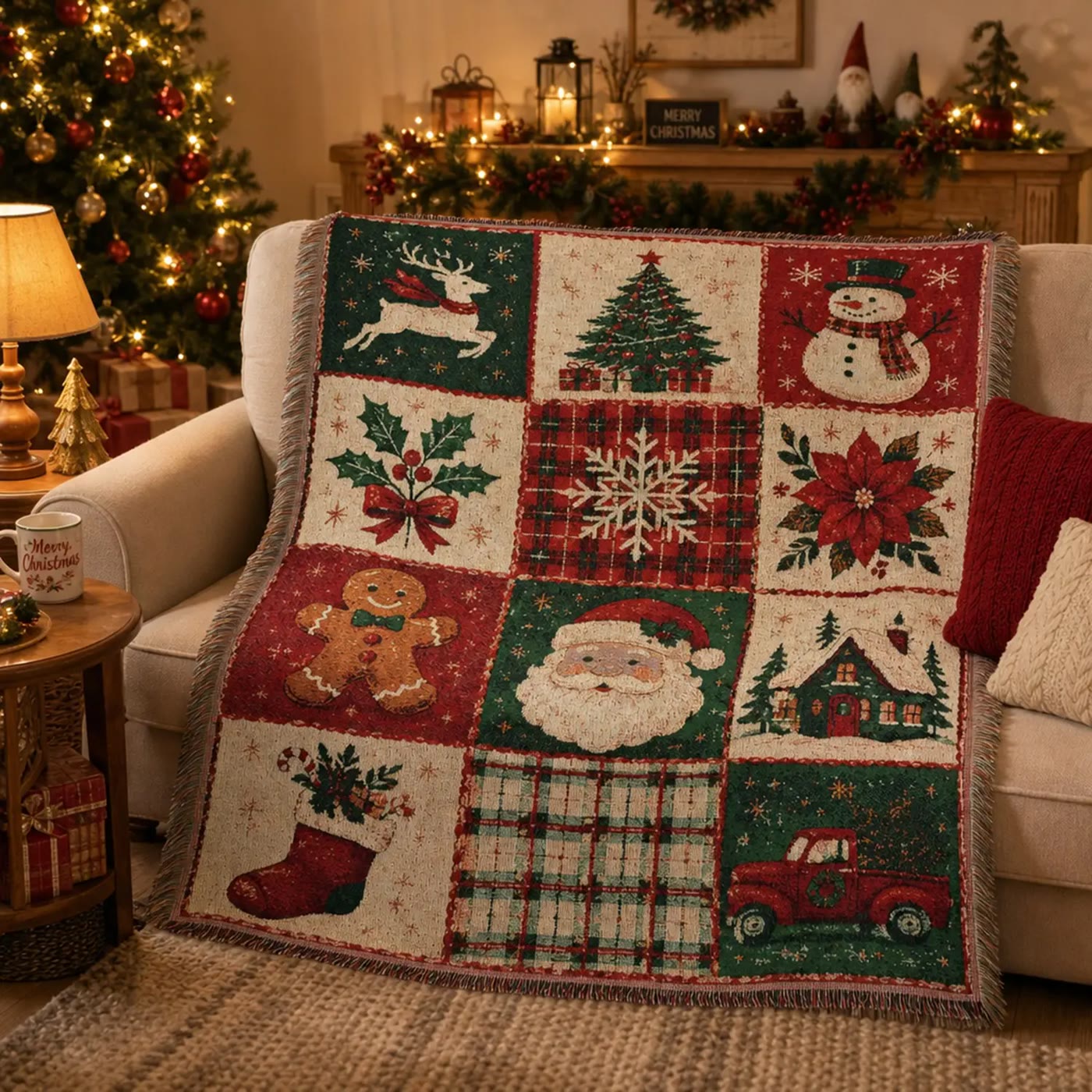 Woven Throw Blanket with Holiday Patchwork Squares - photo 4