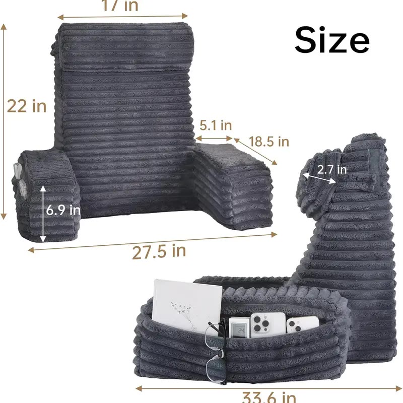 Cream Ribbed Plush Reading Pillow with Side Pockets - photo 3