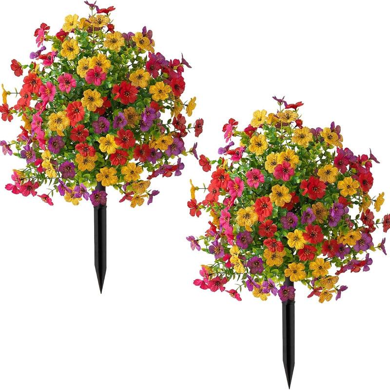 Two Multicolor Faux Flower Bunches on Ground Stakes