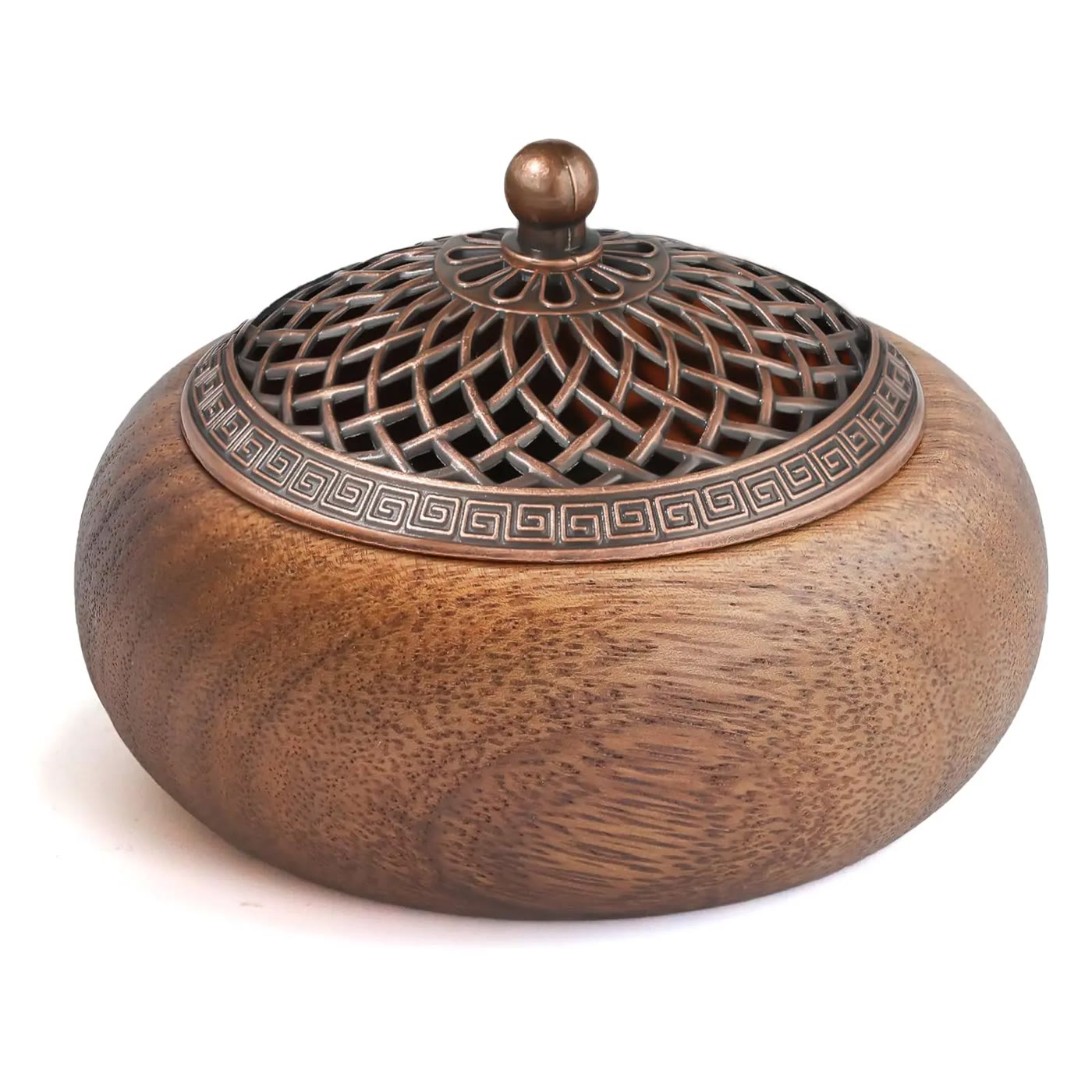 Round Wooden Incense Burner with Pierced Metal Lid
