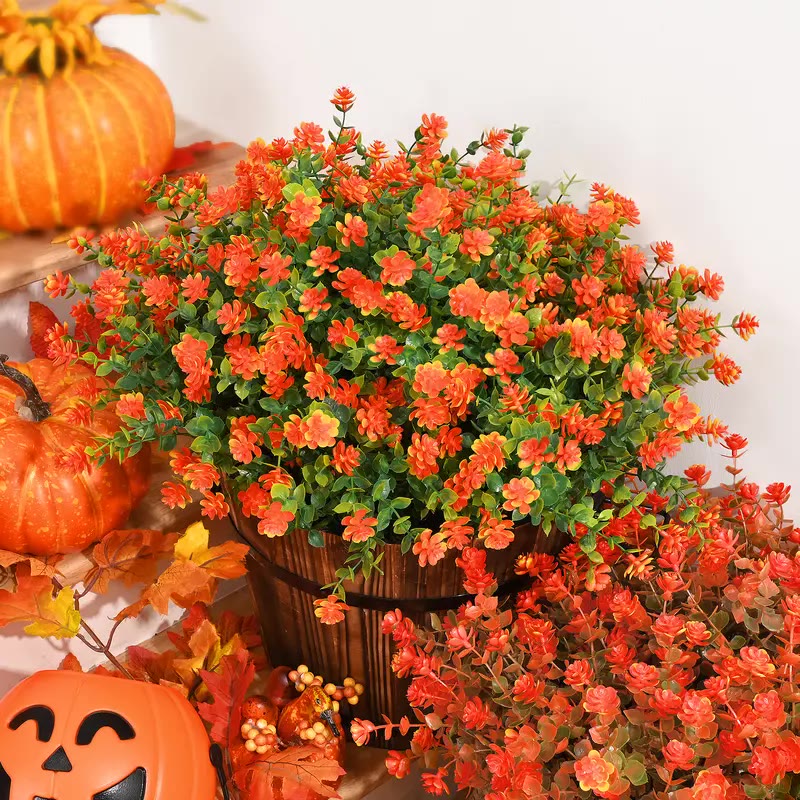 Orange Artificial Flower Bush Stems in Wooden Bucket - photo 2