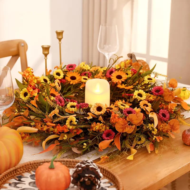 Round Autumn Door Wreath with Sunflowers and Orange Leaves - photo 3