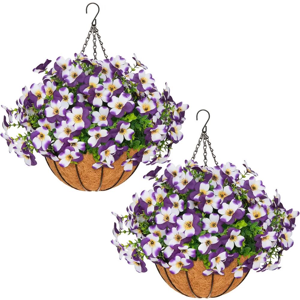 Pair of Hanging Baskets with Purple Artificial Flowers