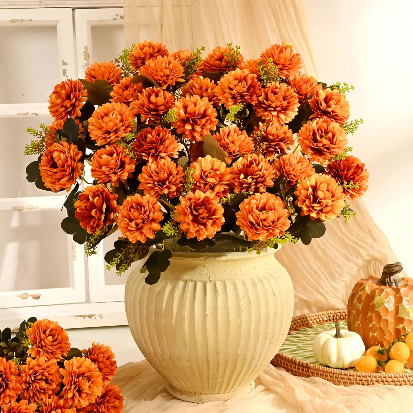 Orange Artificial Mum Bouquet with Green Leaves