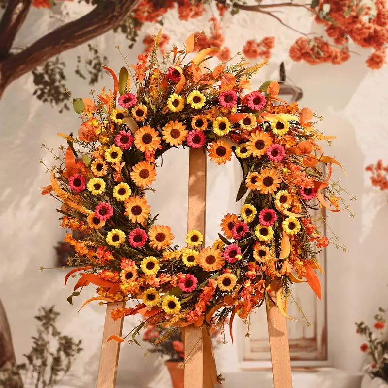 Round Autumn Door Wreath with Sunflowers and Orange Leaves - photo 2