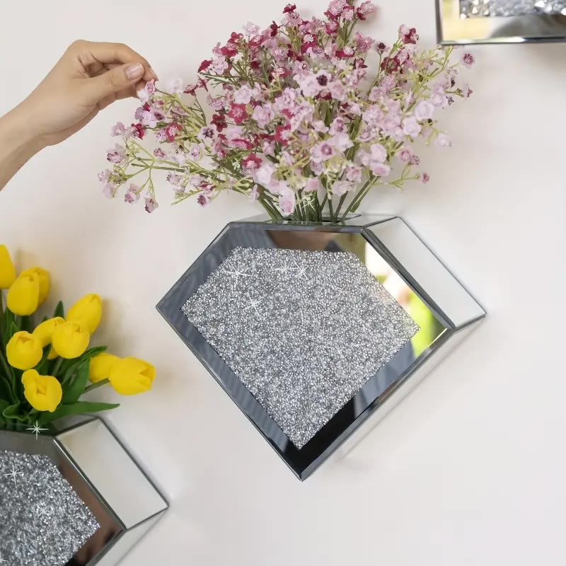 Diamond-Shaped Mirrored Wall Vase with Crushed Glass Panel - photo 3