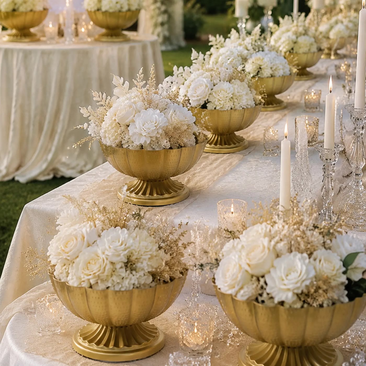 Gold Pedestal Bowl Vases with Cream Rose Arrangements - photo 3