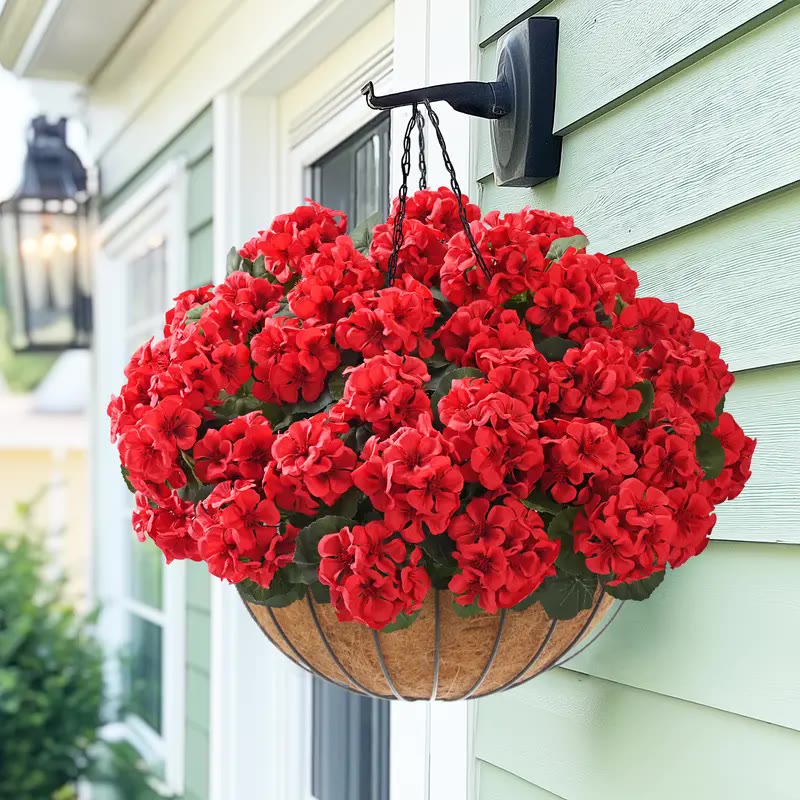 Red Artificial Geranium Blooms in White Urn Pot - photo 2