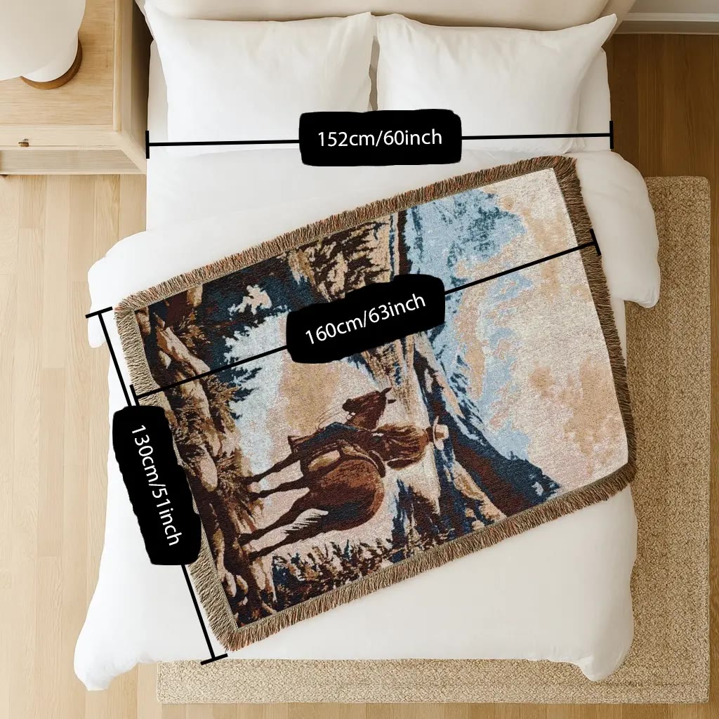 Woven Fringed Throw Blanket with Horse and Rider Scene - photo 2