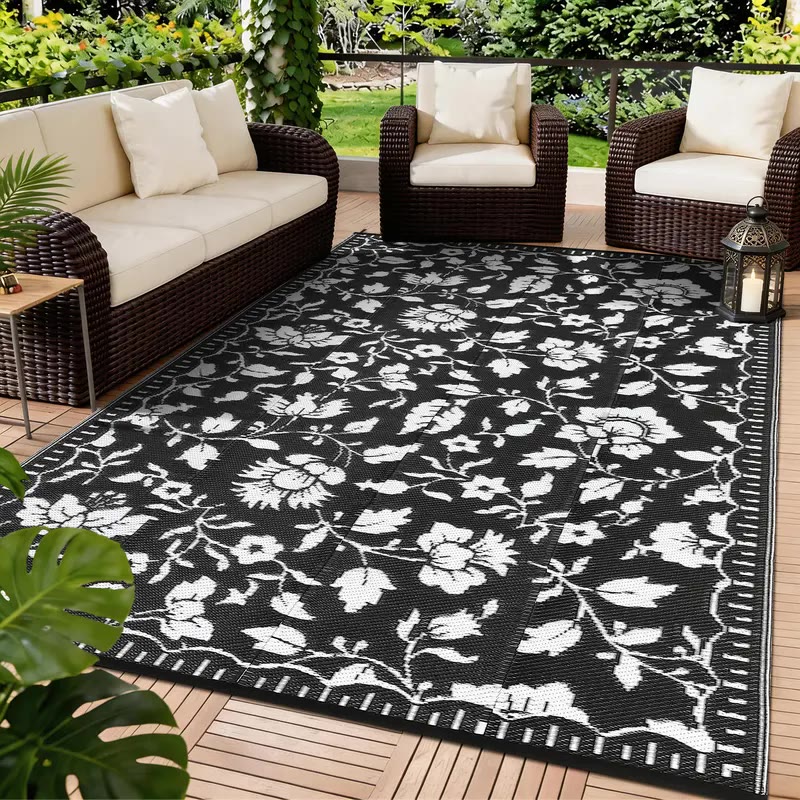 Black and White Floral Outdoor Patio Rug - photo 2