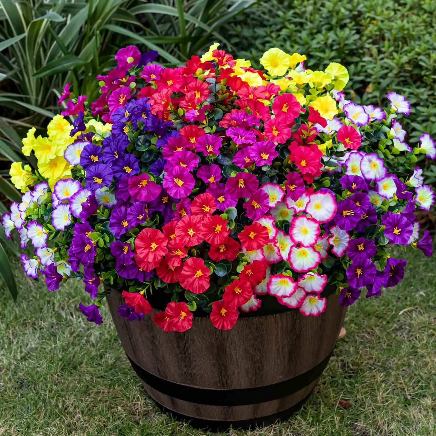 Mixed-Colour Faux Flower Bunches in Wooden Barrel