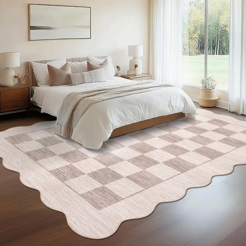 Beige Checkerboard Area Rug with Wavy Edge - photo 3