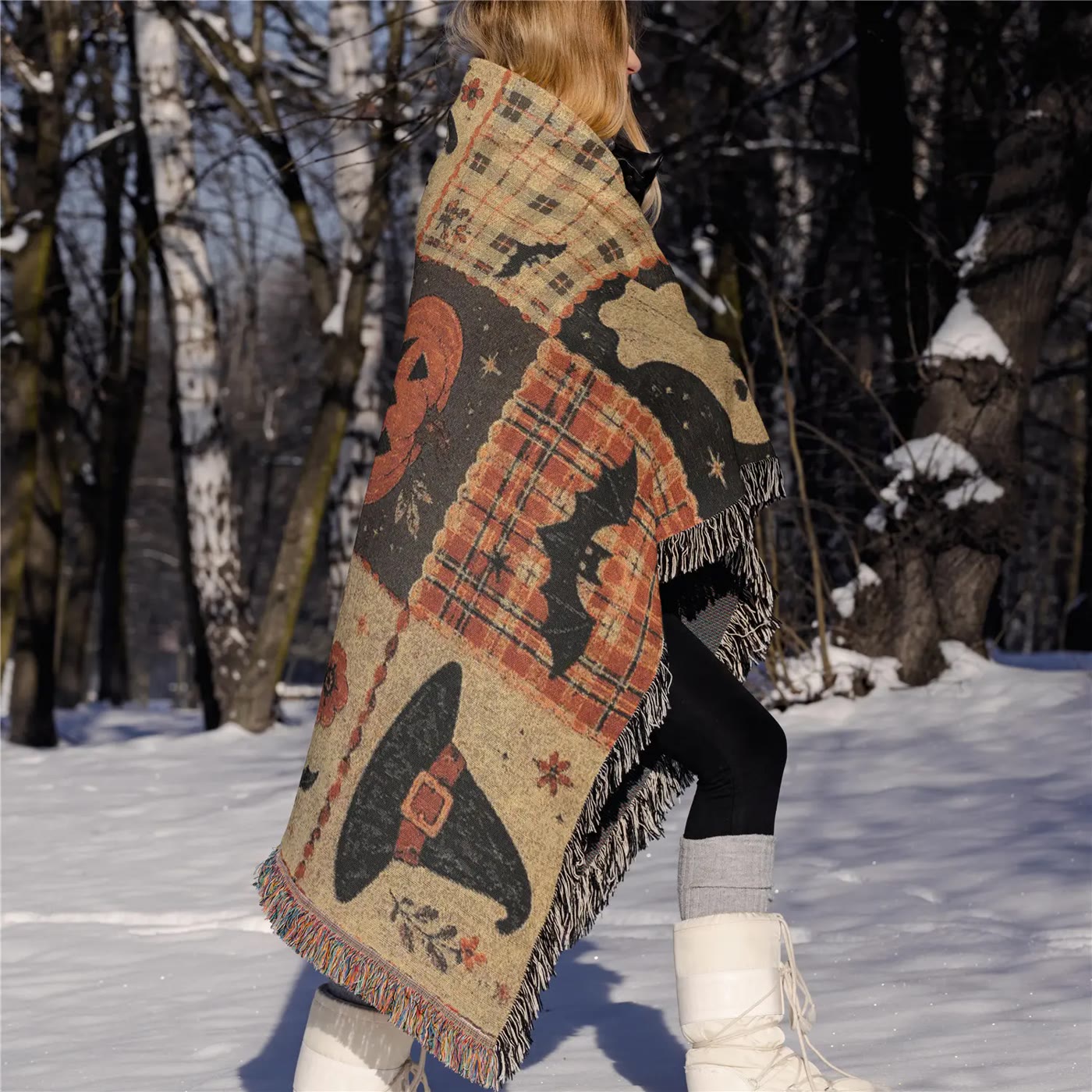 Woven Fringed Blanket with Patchwork Autumn Motifs - photo 4