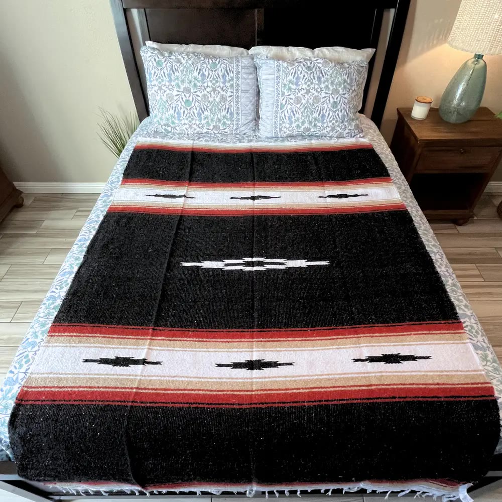 Black Woven Blanket with Red and White Stripes